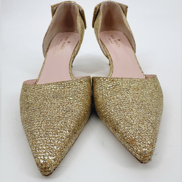 Kate Spade Gold Glitter Kitten Heels Size 8 D’Orsay Pointed Toe Bow Back Italy - Picture 3 of 12